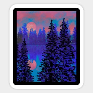 Full moon sunset reflecting off a lake in the forest. Sticker